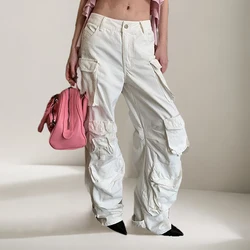 Solid Streetwear Patchwork Pocket Cargo Pant For Women High Waist Spliced Button Designer Wide Leg Pants Female New