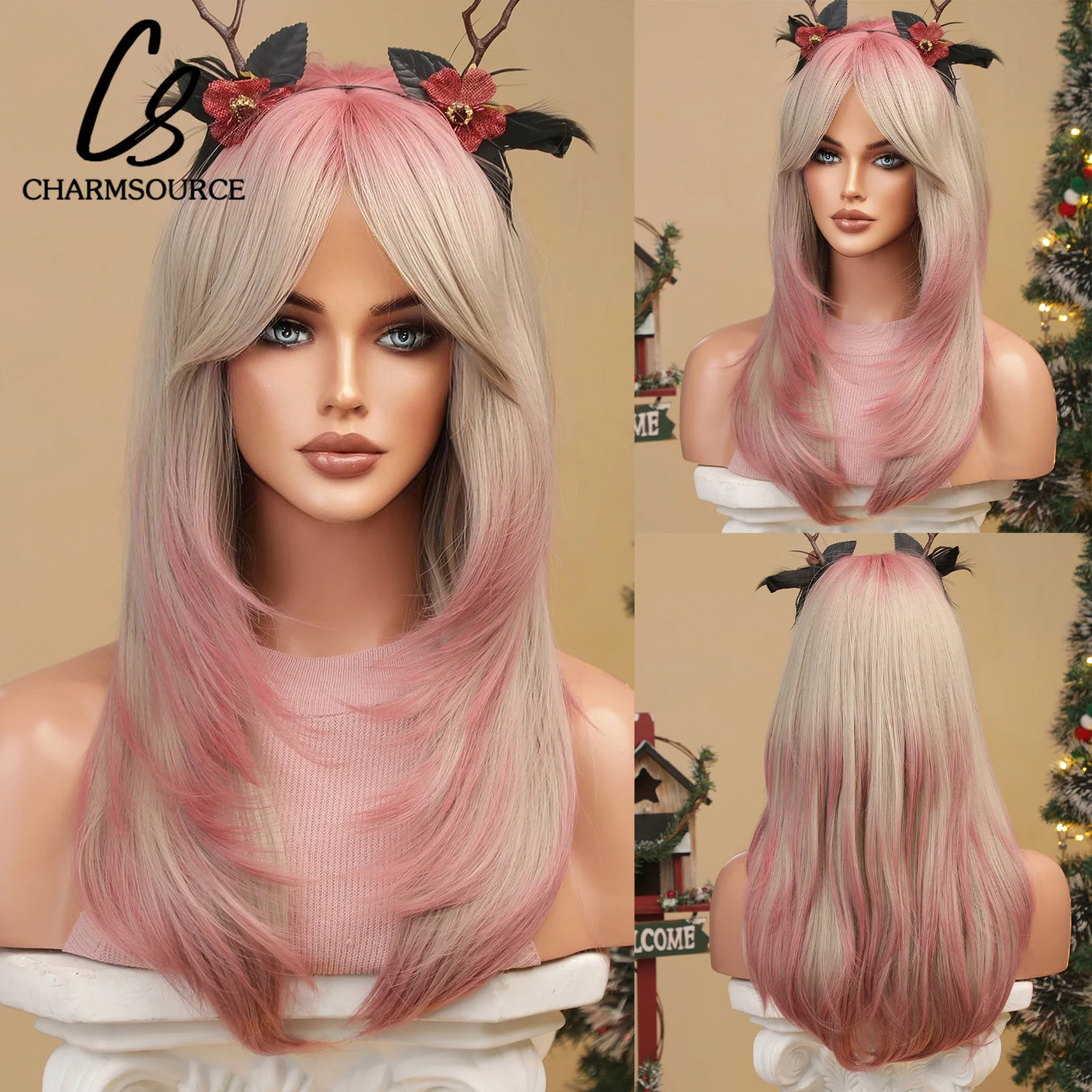 Natural Wavy Layered Synthetic Wigs Mix Beige With Pink Hair with Side Bangs for Women Daily Party Cosplay Heat Resistant Fiber