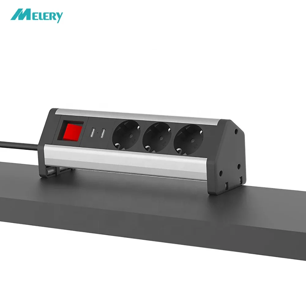 Melery Tabletop Socket 3Ways Electrical Plugs Sockets Clamp on Conference Table EU Plug Outlets USB Port for Germany Home Office