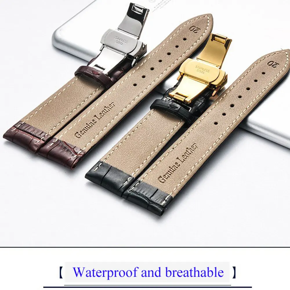 Elegant Leather Watch Band with Double Press Butterfly Clasp