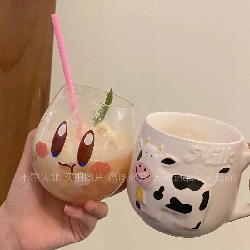 Anime Stars Kirby Cartoon Cute Glass Cup Kawaii INS Style Creative Glass Breakfast Cup Milk Cup Juice Cup Girl Birthday Gift