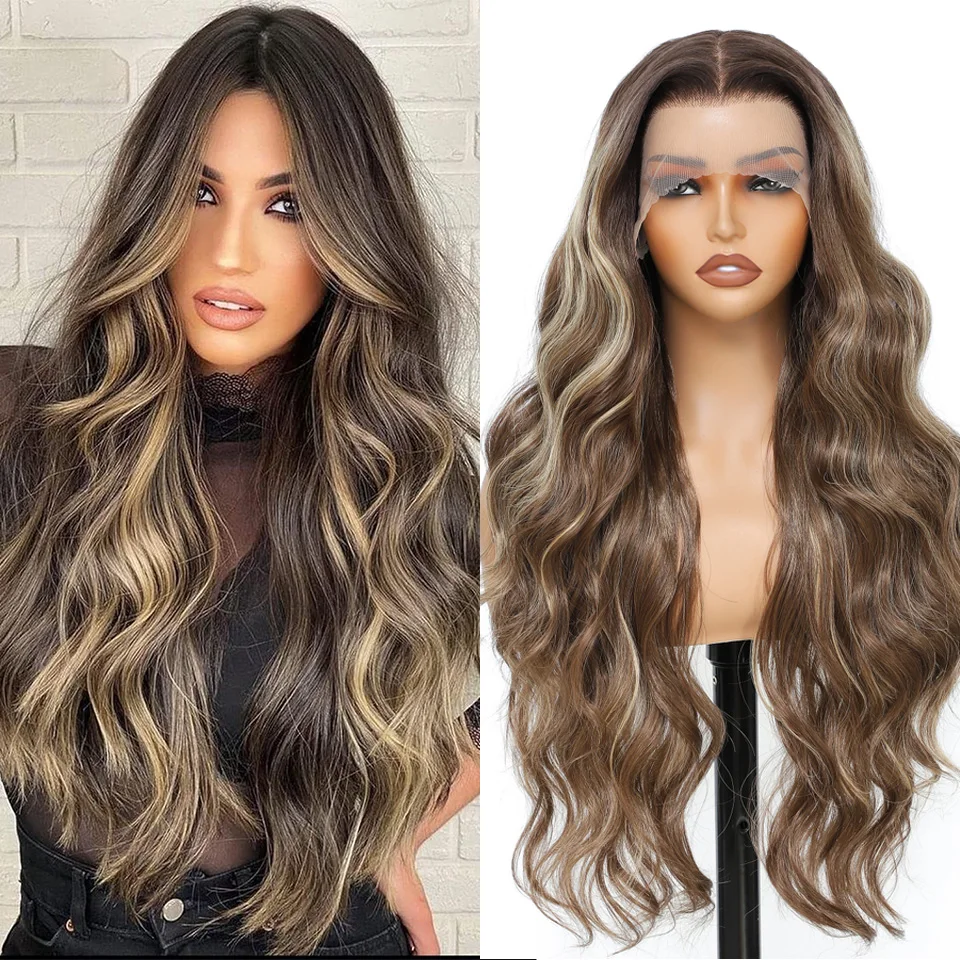 Gladys 320G 13x4 Highlight Body Wave Transparent Lace Front Wigs 30 Inch Ombre Brown Loose Wave Synthetic Hair Daily Life Wigs 1