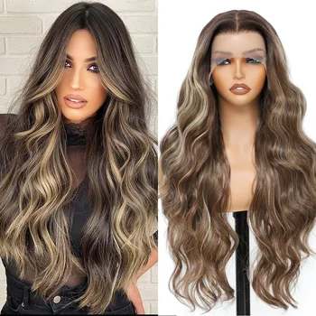 Gladys 320G 13x4 Highlight Body Wave Transparent Lace Front Wigs 30 Inch Ombre Brown Loose Wave Synthetic Hair Daily Life Wigs 1