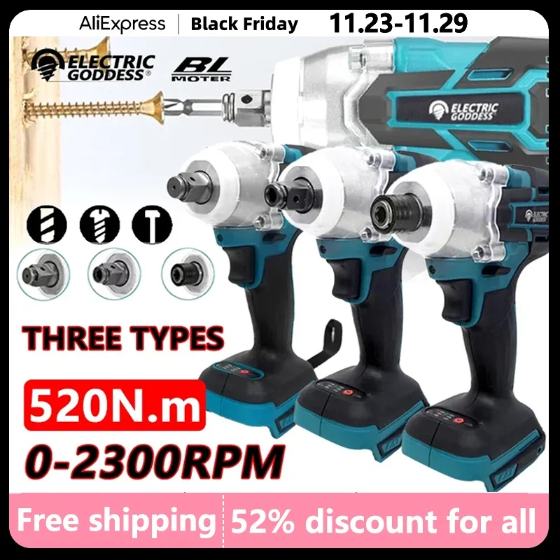 

TW285 Brushless Impact Wrench 520N.M High Torque 1/2 and 1/4 inch Electric Tool 3 Types of Heads Suitable for Makita 18V Battery