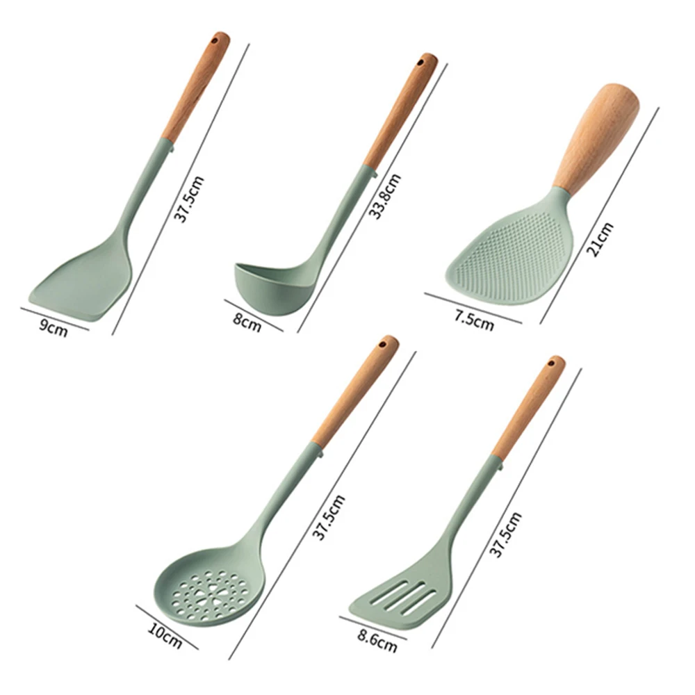 Kitchen Utensils 5Pcs Non-stick Silicone Wooden Handle Cooking Spatula Baking Storage Tool