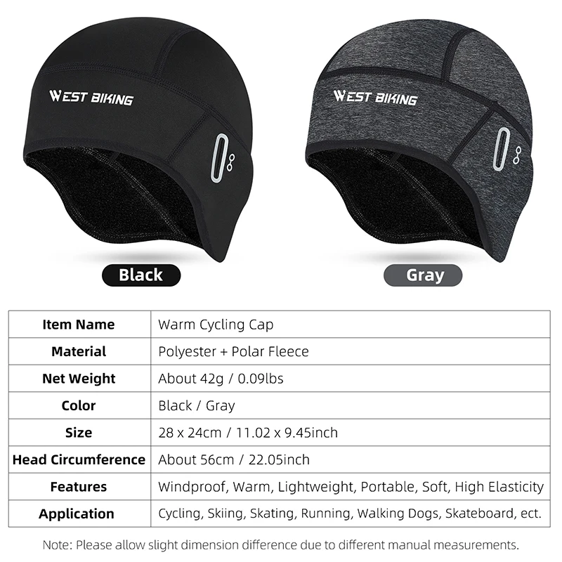 WEST BIKING Winter Cycling Cap Windproof Fleece Warm Sports Skull Cap Helmet Liner Running Skiing Bicycle Motocycle Cycling Hat 6
