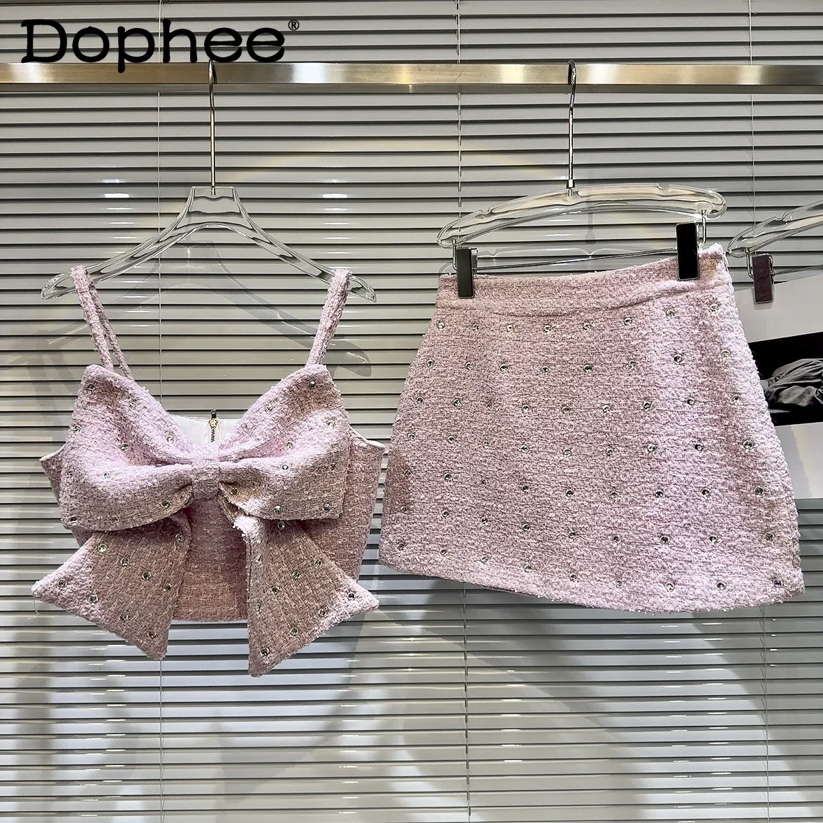 Sweet Diamond Skirt Sets 2023 Autumn Winter Rhinestone Big Bowknot Camisole Tweed Short Skirt Two Piece Sets Womens Outifits