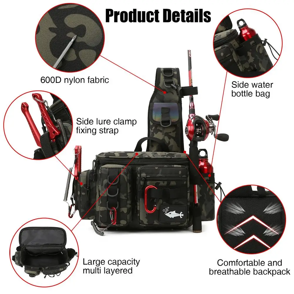 

Lightweight Outdoor Camouflage Fishing Tackle Bag Large Capacity Reflective Strip Design Storage Bag With Rod Holder