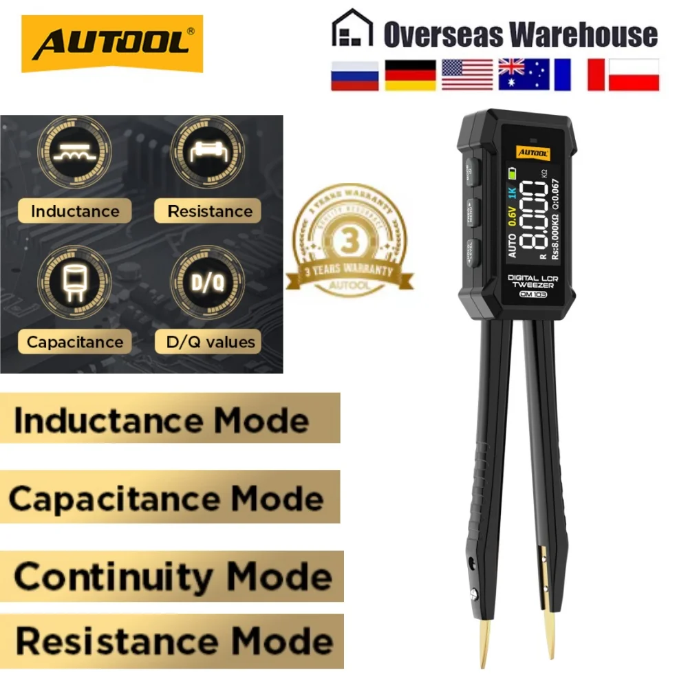 AUTOOL DM103 LER 스마트 핀셋 저항 커패시턴스 인덕턴스 연속성 다이오드 테스트 LCR SMD ESR 테스터 측정 도구