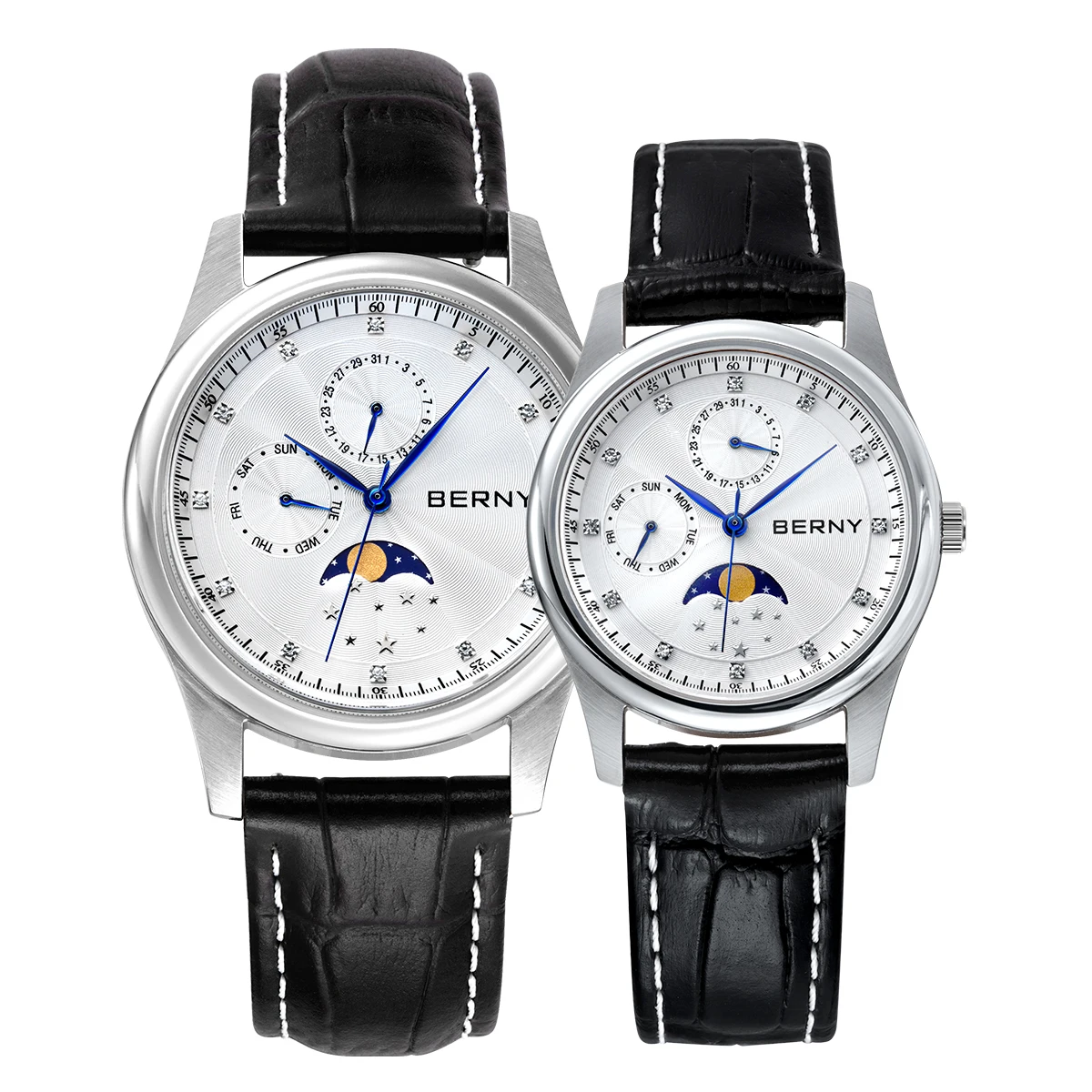 BERNY Quartz Couple Watch Sapphire 34/38mm Dial Diamond Moon phase Calendar Wristwatch Day-Date Dial Blued-steel hand Wristwatch