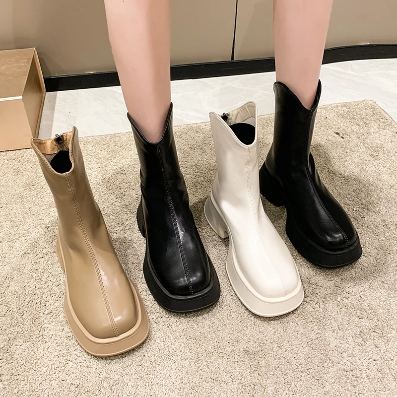 

High Heels Shoes Women Chelsea Boots Winter Ankle Round Toe Fashion Motorcycle Boots Leather Ladies Pumps Female Casual Shoes