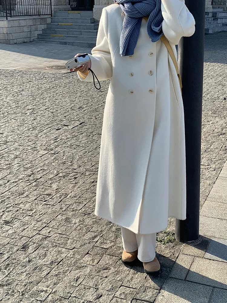 

Designer Angora Rabbit Hair Double sided Fur Coat Temperament Double breasted Long Fleece Mid length Wool Coat