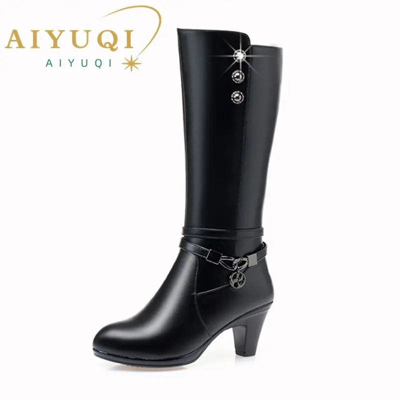 2024 New Winter Footwear Genuine Leather Women's Boots Fashion Chain Wool Warm Boots Women High Heel Riding Boots Shoes Women