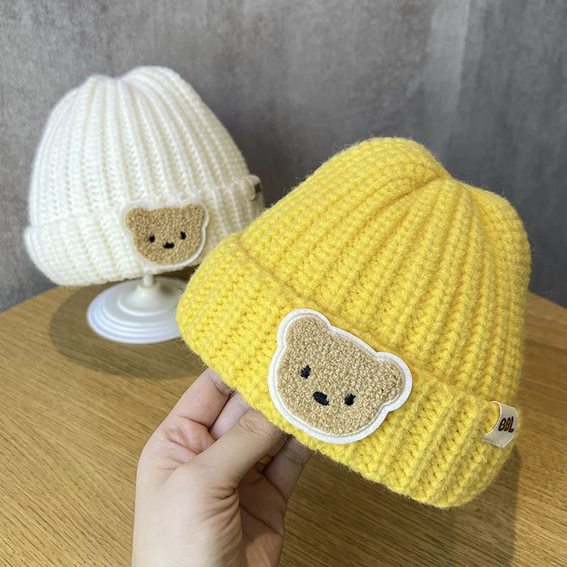 

Cartoon Bear Baby Knit Beanie For Kids Winter Solid Color Woolen Crochet Skullies Bonnet Boy Girl Toddler Outdoor Warm Hats