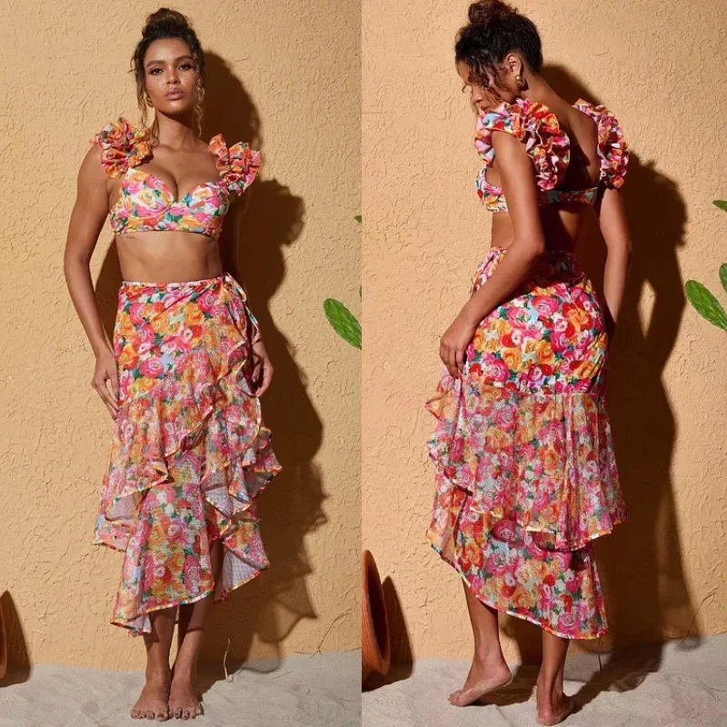 2024 Vintage Off Shoulder Swimsuit and Sarong Printed Onepiece bikini set padded Swimwear Women Beachwear Bathing suit tankini