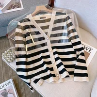 Plus Size Women's Striped Knitted Open Cardigan Slimming Top for Autumn Outerwear Comfortable Loose Fit Summer Thin Model
