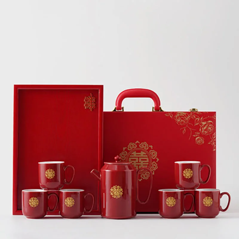 Ceramic Red Wedding Tea Set, Chinese Teapot Cup, Porcelain Teaware, Luxury Gift for Bride and Groom