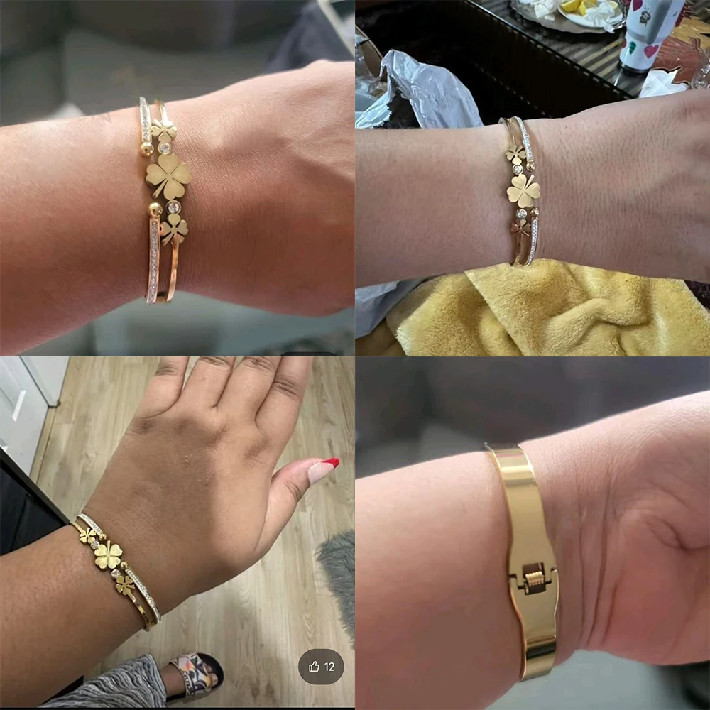 Fashion Rhinestone Flower Stainless Steel Bangle Bracelet for Women Accessories Woman Gold Color Bangles Party Jewelry Gift - Image 4
