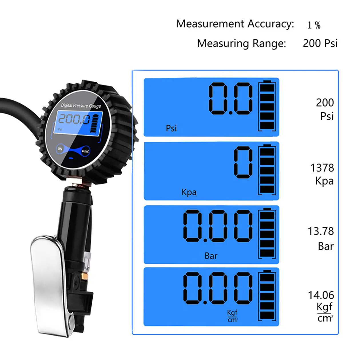Dial Size Digital Pressure Gauge LCD Backlight Quick Connect Coupler 3-200 PSI Tire Inflator Air Chuck Compressor Accessories 4
