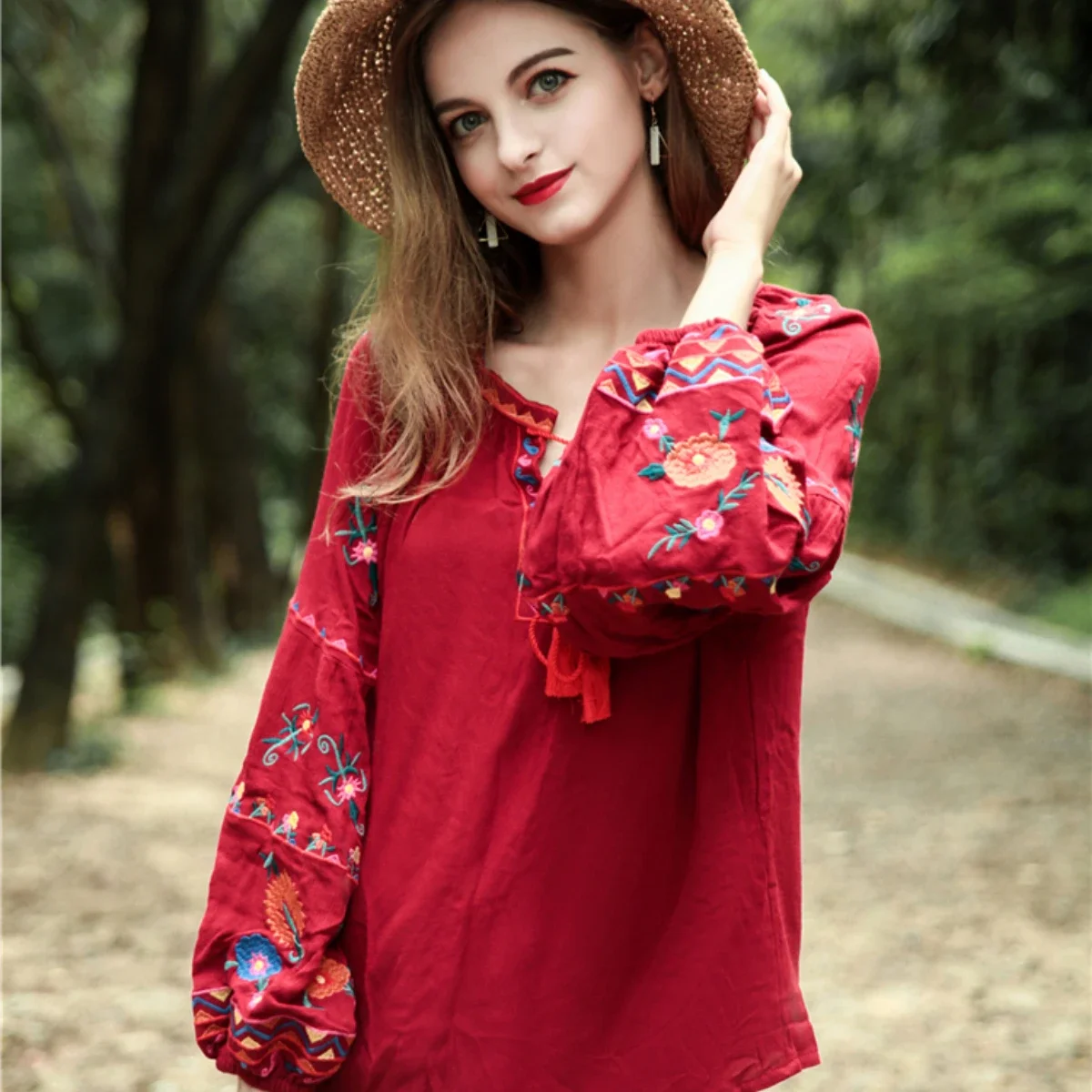 Women's Cotton Linen Embroidered Shirt Long Sleeve Top Lace Bow Tie Designer High Quality Fashion Leisure Spring Autumn Coat New