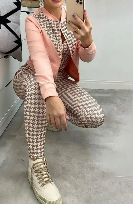 3Pcs Women Outfit 2023 Spring Fashion Houndstooth Print Low Cut Sleeveless Crop Top & High Waist Pants Set with Colorblock Coat