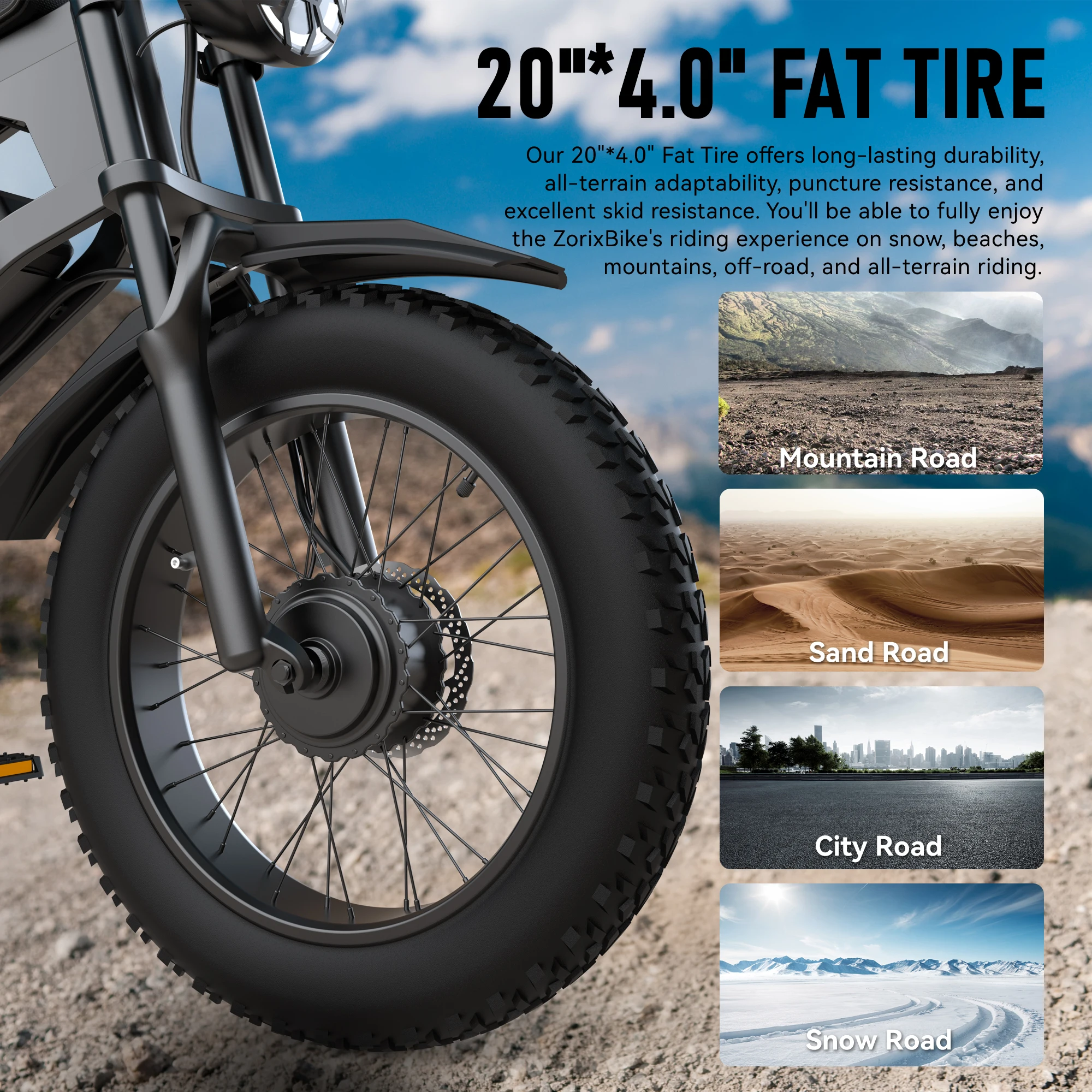 ZorixBike R8 Pro Electric Off-Road Bike 20x4.0 3000W 35Mph 80Mile 48V 23Ah,7 Speed Wide Tire All Terrain E-Bike For Adult