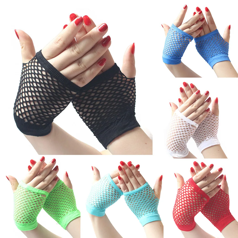 1pairs/80s 90s Fishnet Mesh Gloves for Women Kids Neon Fingerless Glove for Cosplay Costumes Accessories