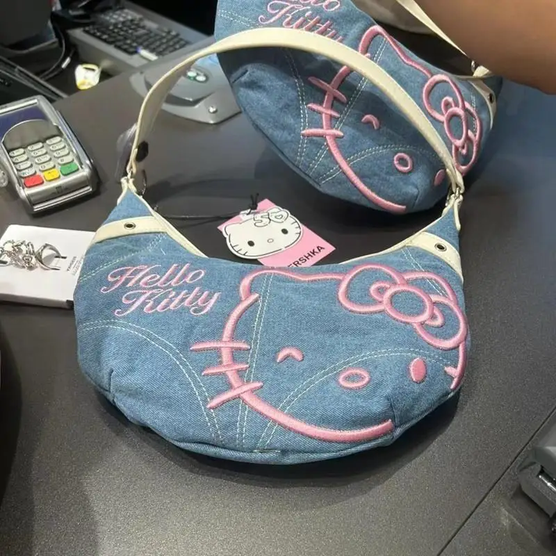 

Kawaii Hello Kitty джинсовая холщовая маленькая сумка через плечо Sanrio мобильный телефон сумка для хранения аниме Мультяшные милые сумки через плечо