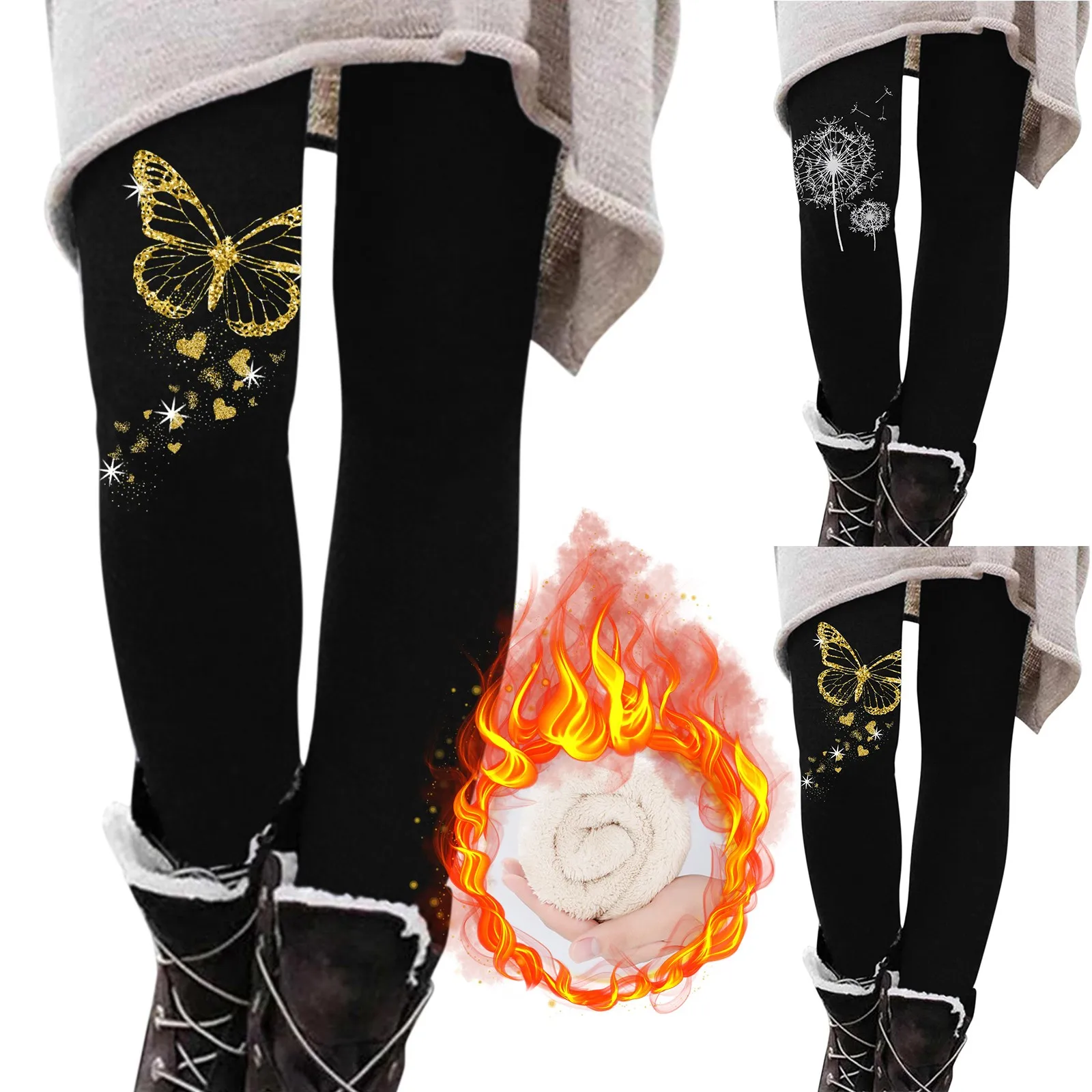 Womens Winter Casual Leggings Elastic Waist Thermal Capris Workout Trousers Thermal Prints Pants