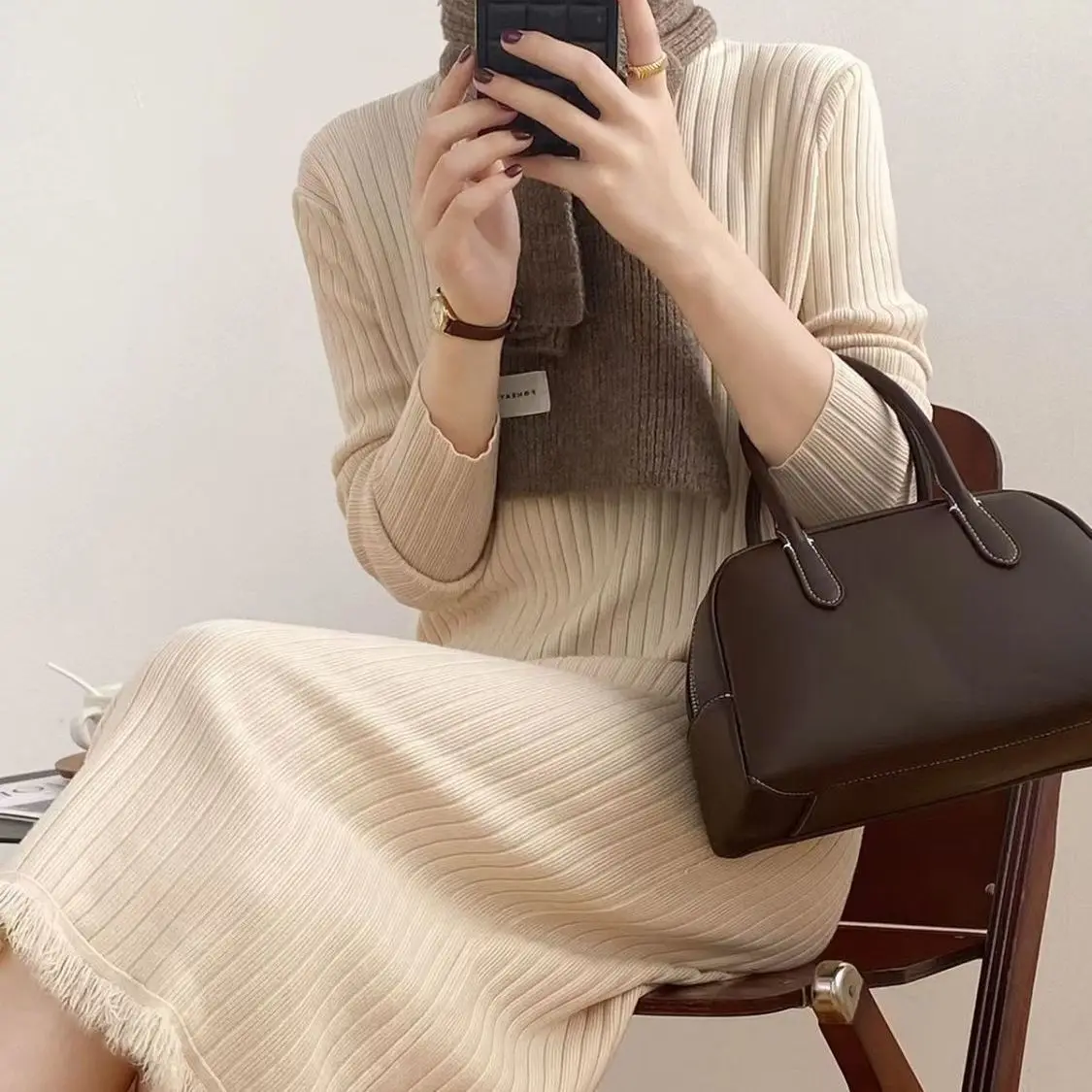 

Long Sweater Dress for Women Solid Color Casual Loose Knitted Tassels Dresses