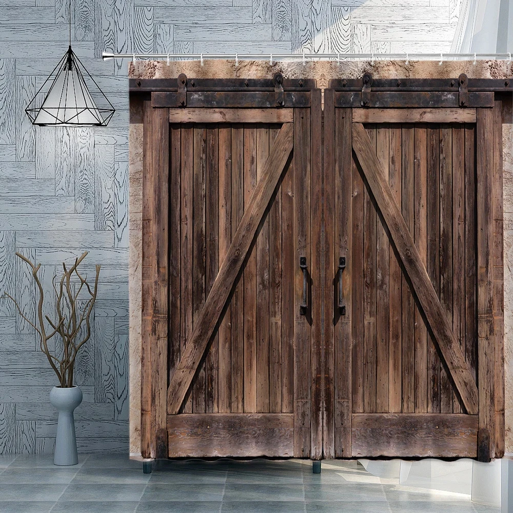 Cortina de chuveiro Old Fashioned Wooden Door, Tecido de poliéster impermeável, Padrão arquitetônico com ganchos, Decoração do agregado familiar