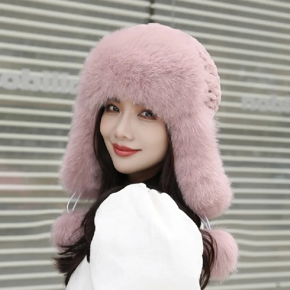 women-real-rex-rabbit-fur-hat-headwear-winter-warm-earmuffs-cap-fox-fur-brim-pompom