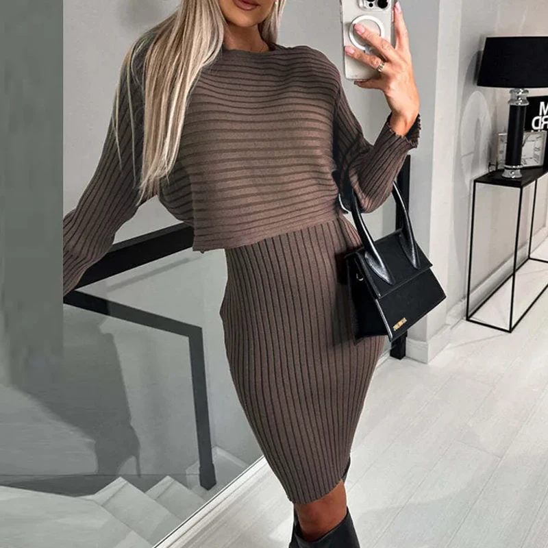 

Women's Knitted Sweater Skirt Two Piece Set Women O-Neck Elegant Tops Female Sexy Skit Skirts Suits Office Lady Knitting Outfits