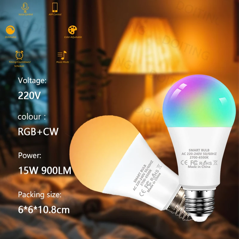 와이파이 블루투스 투야 알렉사 E27 RGB 스마트 전구, 구글 어시스턴트용 스마트 램프, 스마트 라이프 분위기 장식, 15W, 220V