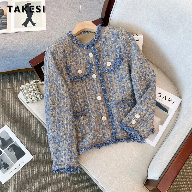 

Женская винтажная клетчатая куртка, Повседневная однобортная приталенная куртка в Корейском стиле с круглым вырезом, Осень-зима 2023