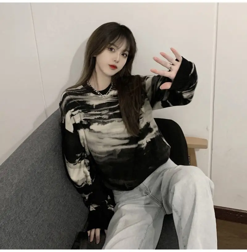 Women Sweatshirt Korean Tie-Dye Drawable Short Long Sleeve Top Spring Fashion Streetwear Female Crop Tops New