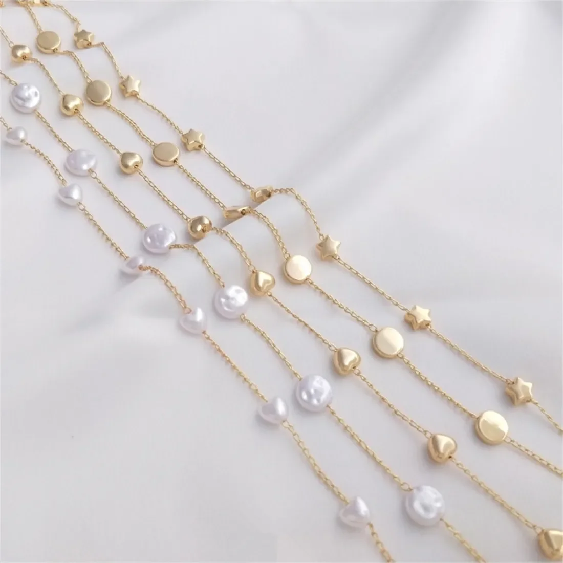 

14K Gold Hearts Five-pointed Stars Separated Beads Chain Baroque Imitation Pearl Chain Diy Handmade Chain Necklace Loose Chain