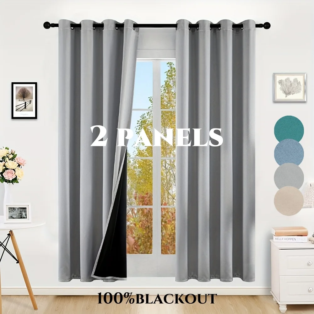 2pcs Modern Solid 100% Blackout Curtains, Window Curtains for Living Room, Bedro