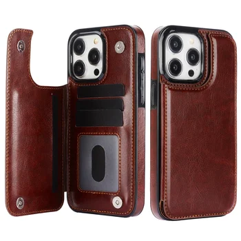 Flip Case PU Leather Wallet With Card Slot - Stand For iPhone 12 - 16 - Pro Max - Brown