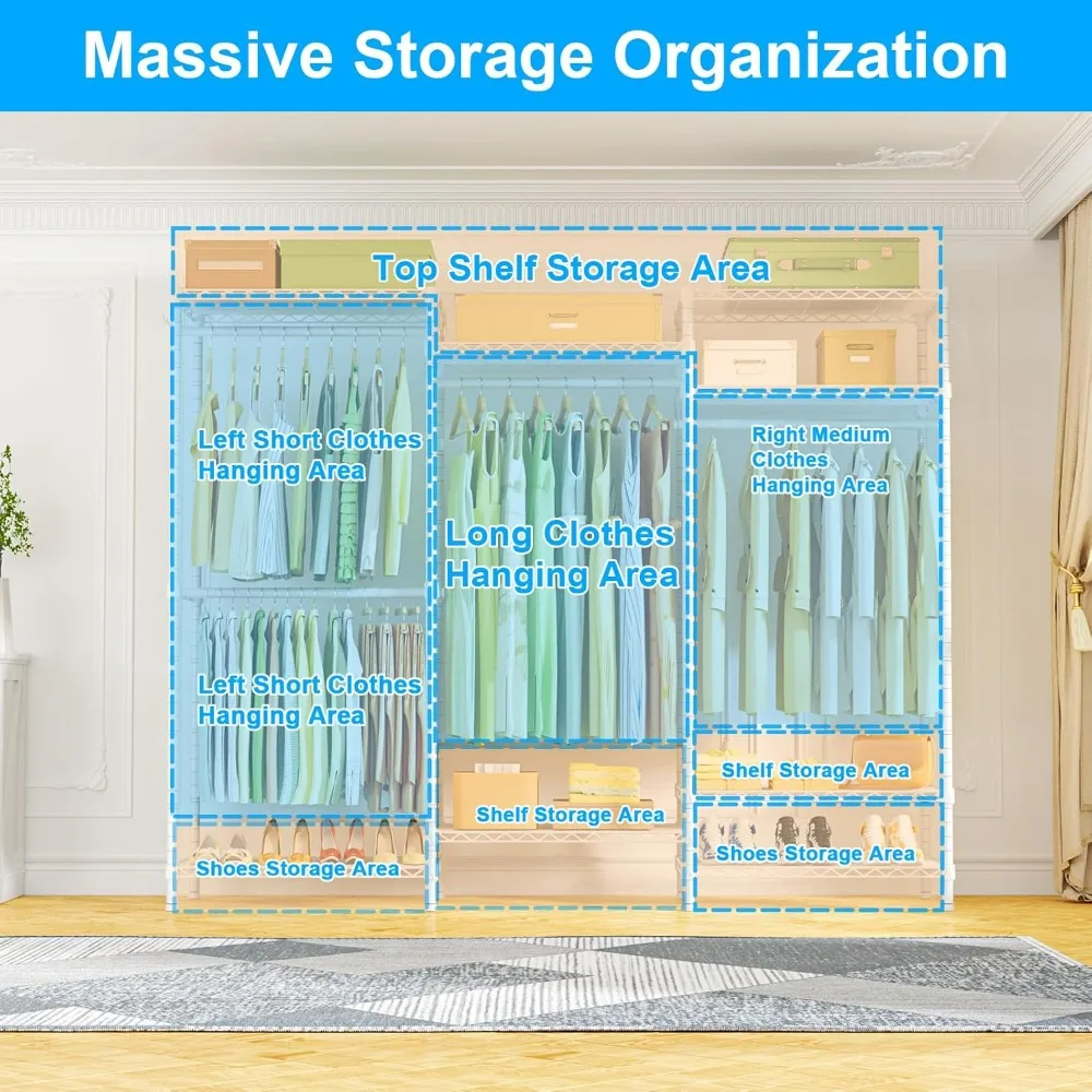 Sturdy Freestanding Closet Organizer with Adjustable Hanging Rack, 63 Wide x 16 Deep