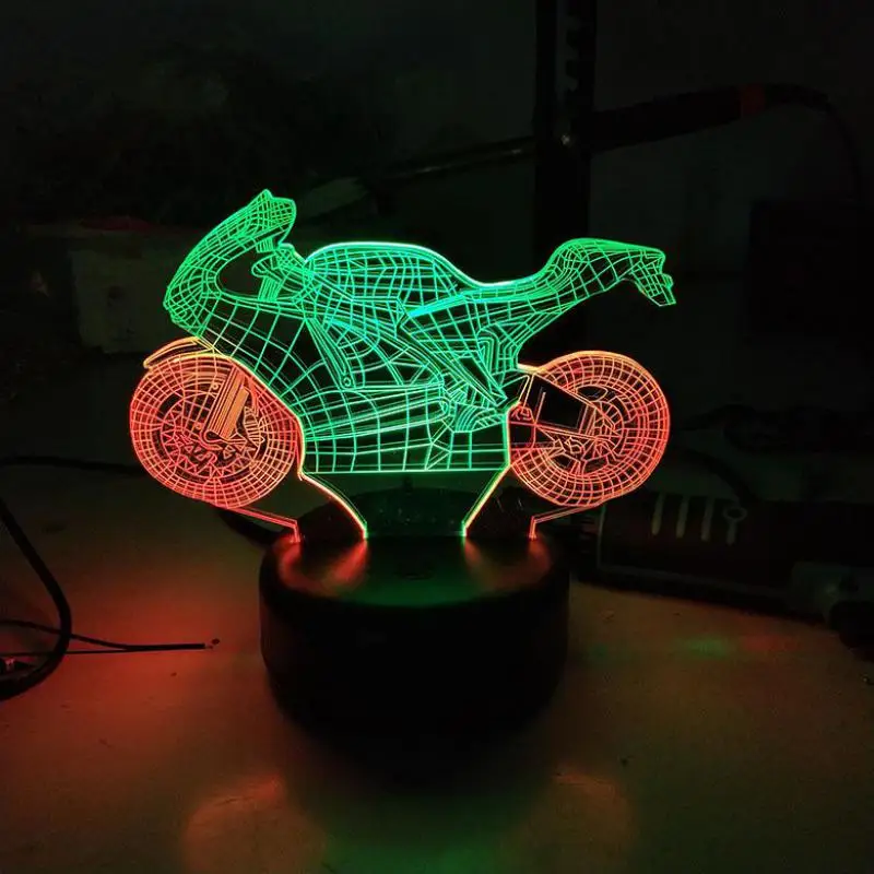 

Мотоциклетный 3d Визуальный ночник, настольная лампа для спальни, оригинальная Светодиодная настольная лампа с сенсорной зарядкой 7 цветов, стерео, Подарочная атмосфера