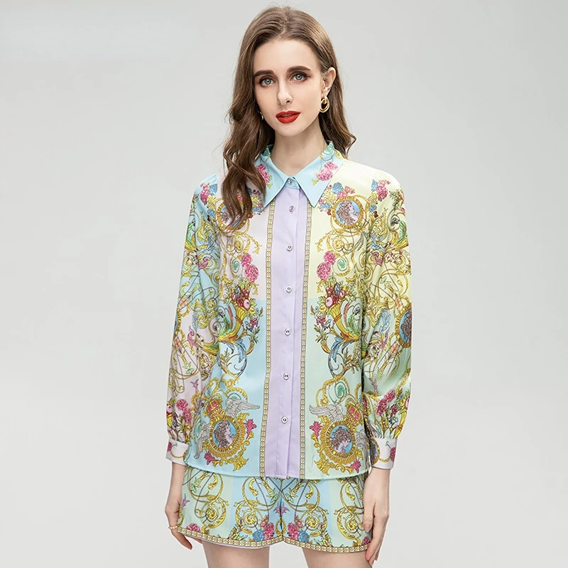 

Женский модельный комплект из двух предметов, дизайнерский однобортный комплект с отложным воротником и длинным рукавом-фонариком и принтом, лето 2023