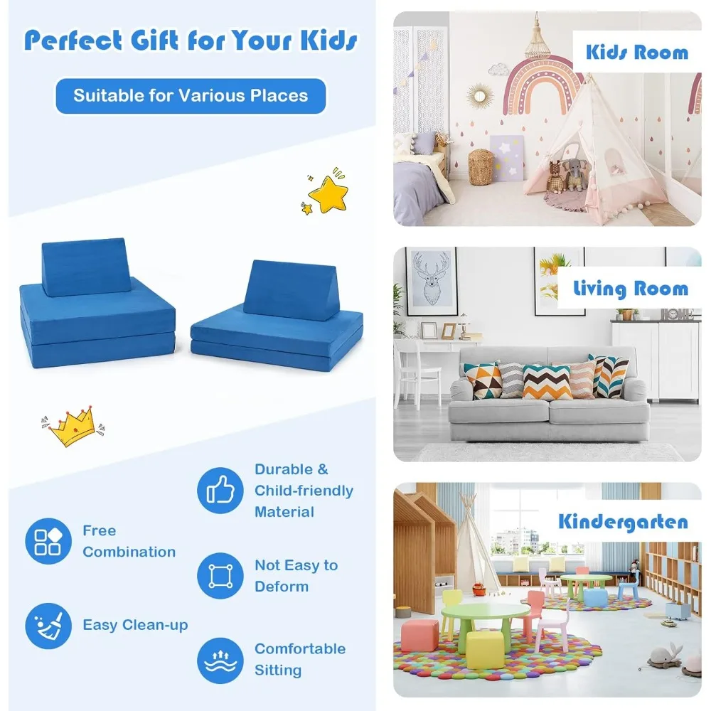 Kids Couch, 6-Piece Convertible Children's Sofa Playset or 2 Chair w/Folding Mats & 2 Pillows, Washable Cover 5