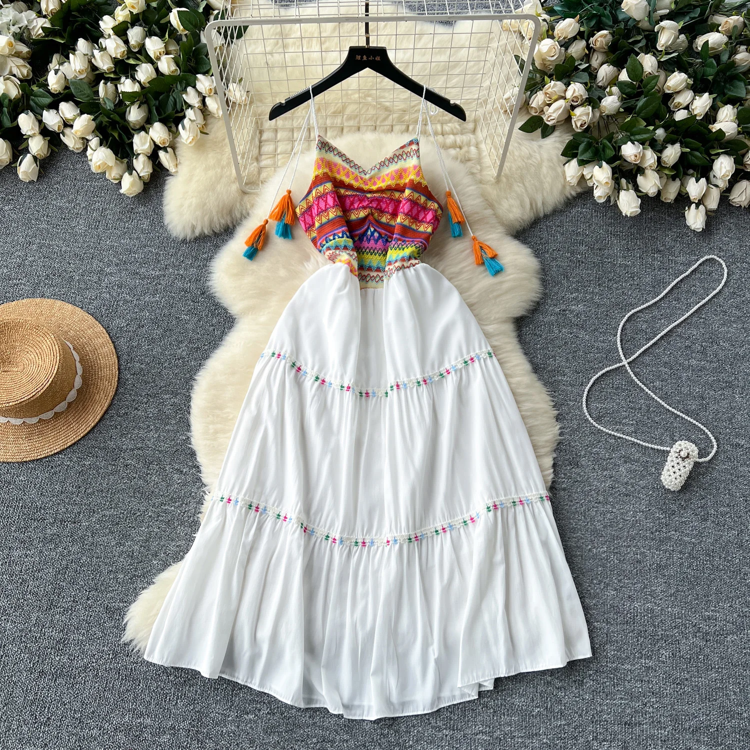 

French Vintage Embroidery pleated slip Dress A-line Chic Casual Beach Vacation Women Summer v neck dresses
