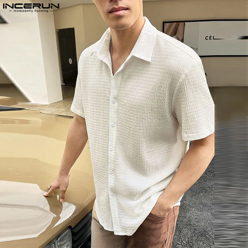 

INCERUN Tops 2024 Korean Style Stylish Men's Texture Solid Shirts Casual Simple All-match Comfortable Short Sleeved Blouse S-5XL