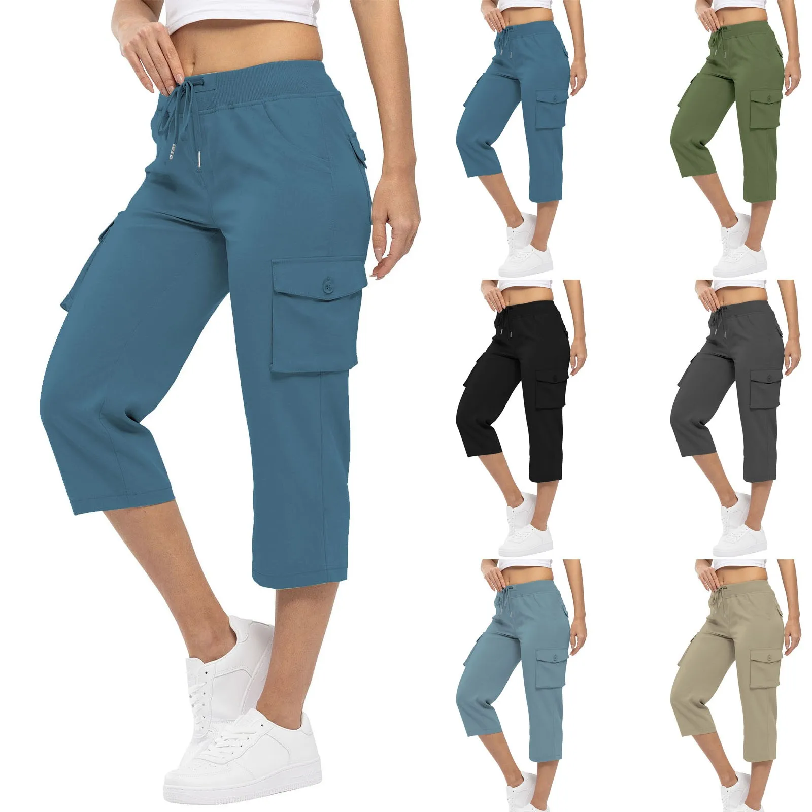 Women'S Cargo Capris Relaxed Fit Drawstring Waist Cargo Pant Summer Casual Lightweight 3/4 Trousers Pockets 2024 Pansts De Mujer