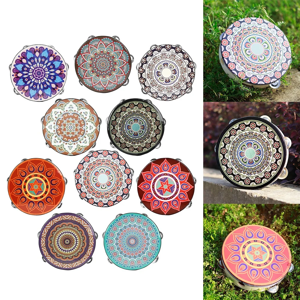 Description Picture 2 of item8 Inch Tambourine Handbell Hand Drum With Metal Jingles Ethnic Hand Held Tambourine Bell Percussion Instrument