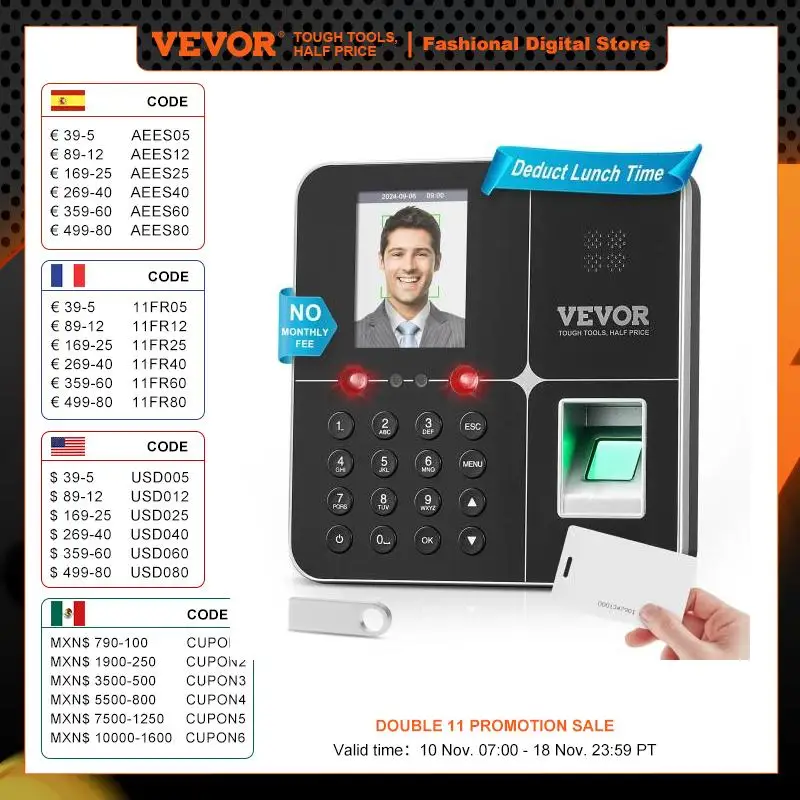 VEVOR Biometric 5 RFID Cards&USB Drive Automatic Time Clock for Employees Small Business Face Fingerprint and PIN Punch In/Out