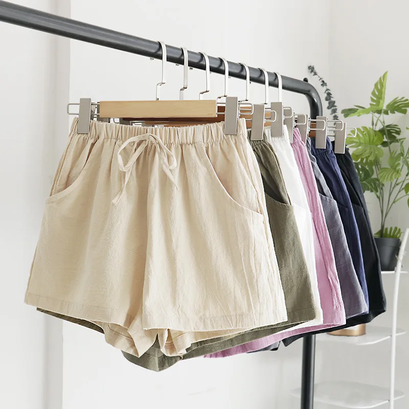 

Women's Cotton Linen Shorts Summer Loose Casual Short Hot Pant Elastic Waist Solid Color Pocket Wide Leg Pants Baggy Sweatshorts