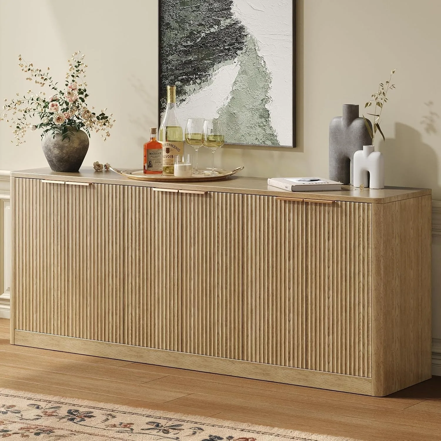 Natural Oak Fluted Front Sideboard Buffet Cabinet, 4-Door Gold Pull Handle Wooden Credenza for Dining Room Coffee Bar